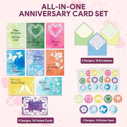 Decorably 18 Pack Foiled 5x7in Textured Happy Anniversary Cards for Couples with Envelopes and Stickers, 9 Lovely Designs for Parents, Grandparents, with Printed Message Inside - Gifting, Mailing in Saudi Arabia