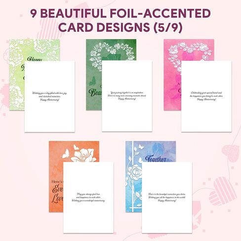Decorably 18 Pack Foiled 5x7in Textured Happy Anniversary Cards for Couples with Envelopes and Stickers, 9 Lovely Designs for Parents, Grandparents, with Printed Message Inside - Gifting, Mailing in Saudi Arabia