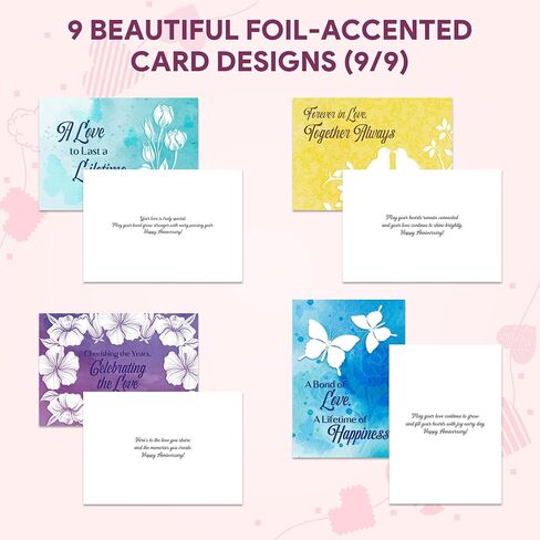 Decorably 18 Pack Foiled 5x7in Textured Happy Anniversary Cards for Couples with Envelopes and Stickers, 9 Lovely Designs for Parents, Grandparents, with Printed Message Inside - Gifting, Mailing in Saudi Arabia