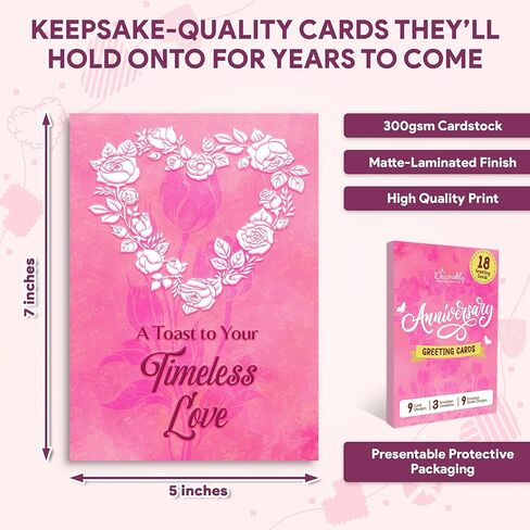Decorably 18 Pack Foiled 5x7in Textured Happy Anniversary Cards for Couples with Envelopes and Stickers, 9 Lovely Designs for Parents, Grandparents, with Printed Message Inside - Gifting, Mailing in Saudi Arabia
