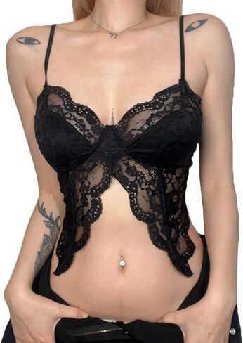 Women Sexy Full Lace Butterfly Crop Top See-through Slim Fit Spaghetti Straps Hot Y2K Camisole Rave Outfits Black in Saudi Arabia