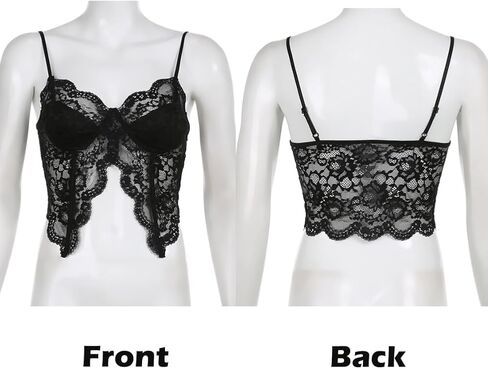 Women Sexy Full Lace Butterfly Crop Top See-through Slim Fit Spaghetti Straps Hot Y2K Camisole Rave Outfits Black in Saudi Arabia