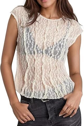 Women's Mesh Lace Tops Sleeveless See Through Crop Tops Summer Slim Fit Sheer Pleated Tank Top in Kuwait