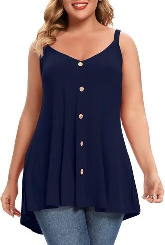 MONNURO Plus Size Camisole V Neck Button Cami Tank Tops Women's Sleeveless T-Shirt Tunics in Saudi Arabia