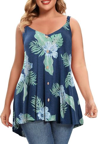 MONNURO Plus Size Camisole V Neck Button Cami Tank Tops Women's Sleeveless T-Shirt Tunics in Saudi Arabia