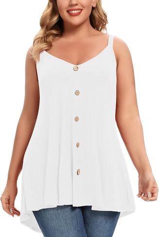 MONNURO Plus Size Camisole V Neck Button Cami Tank Tops Women's Sleeveless T-Shirt Tunics in Saudi Arabia