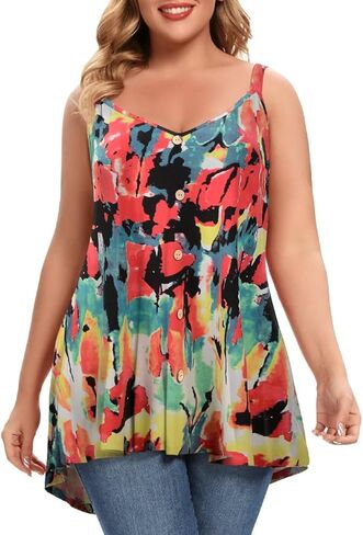 MONNURO Plus Size Camisole V Neck Button Cami Tank Tops Women's Sleeveless T-Shirt Tunics in Saudi Arabia