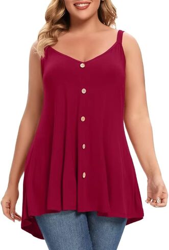 MONNURO Plus Size Camisole V Neck Button Cami Tank Tops Women's Sleeveless T-Shirt Tunics in Saudi Arabia