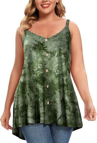 MONNURO Plus Size Camisole V Neck Button Cami Tank Tops Women's Sleeveless T-Shirt Tunics in Saudi Arabia