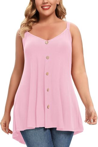 MONNURO Plus Size Camisole V Neck Button Cami Tank Tops Women's Sleeveless T-Shirt Tunics in Saudi Arabia