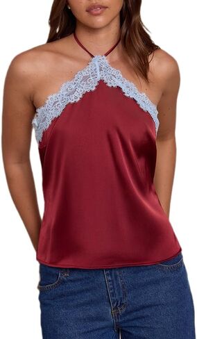 Giraropa Women Lace Trim Halter Neck Tank Top Sexy Tie Up Backless Slim Fit Silk Satin Tops Summer Shirt Streetwear in Kuwait