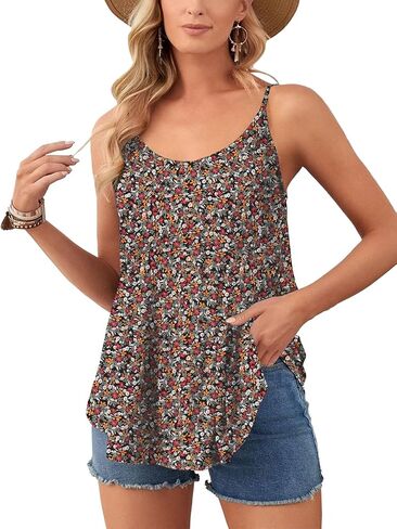 Vrtige Women's Crewneck Spaghetti Strap Pleated Ruffle Hem Sleeveless Cami Tank Peplum Top in Saudi Arabia