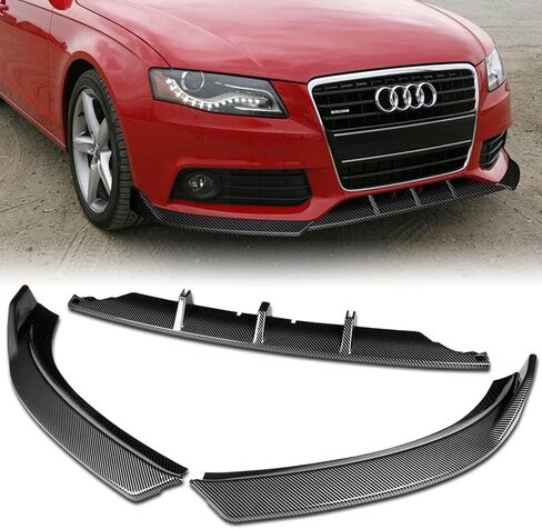 مجموعة الشفاه الممتصة للصدمات الأمامية مكونة من 3 قطع تناسب طراز 2009-2012 Audi A4 B8، وسبويلر حماية مقسم على طراز STP، وموزع هواء سد الذقن (مظهر كربوني) in Kuwait