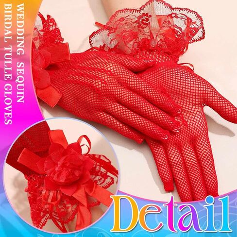 CASDRE Bridal Mesh Gloves Short Floral Lace Wedding Gloves Wrist Length Tea Party Gloves for Women and Girls in Kuwait