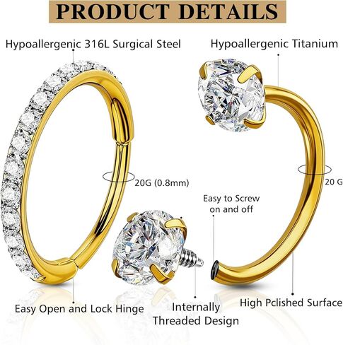 2PCS Nose Rings Hoops 18G Double Gem Horseshoe Nose Ring for Women Surgical Steel Hypoallergenic Septum Hoop Nostril Rings for Earring Daith Helix Rook Labret Lip Piercing Jewelry 8mm in Saudi Arabia