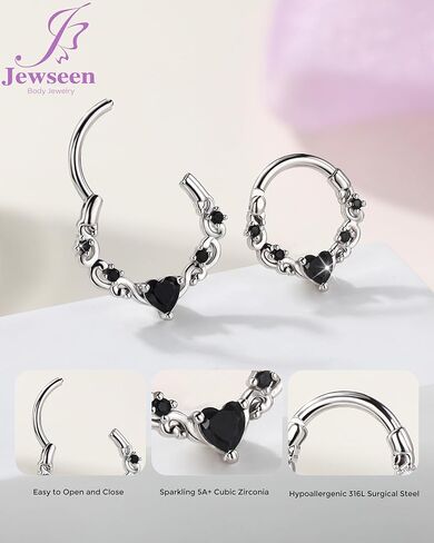 Jewseen Shiny Heart Zircon Septum Clicker Cartilage Nose Ring 316l Surgical Steel 16G Piercing Jewelry in Saudi Arabia