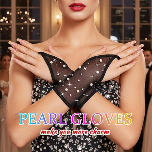 CASDRE Sparkly Rhinestone Fingerless Gloves Short Pearl Bridal Gloves Wedding Prom Party Costume Accessories for Women in Kuwait