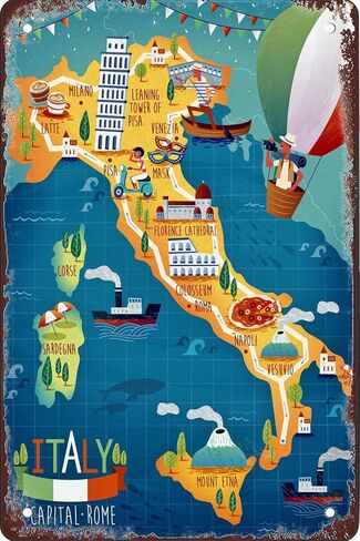 إيطاليا خريطة مشاهد 8x12 بوصة الرجعية الزخرفية تسجيل معدن القصدير تسجيل غرفة ديكور جدار الفن بار الرجعية العالم السفر ملصق جدار الديكور in Kuwait