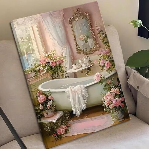 Pink Flowers Bathroom Canvas Wall Art Floral Botanical Painting Picture Wall Decor Vintage Bathtub With Farmhouse Floral Poster Print Artwork for Bathroom Restroom Home Decoration((12x16 in Canvas) in Saudi Arabia