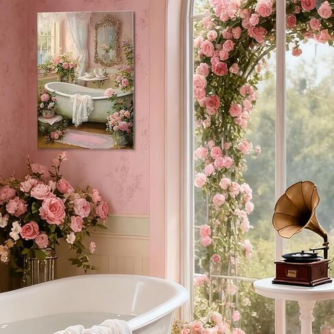 Pink Flowers Bathroom Canvas Wall Art Floral Botanical Painting Picture Wall Decor Vintage Bathtub With Farmhouse Floral Poster Print Artwork for Bathroom Restroom Home Decoration((12x16 in Canvas) in Saudi Arabia
