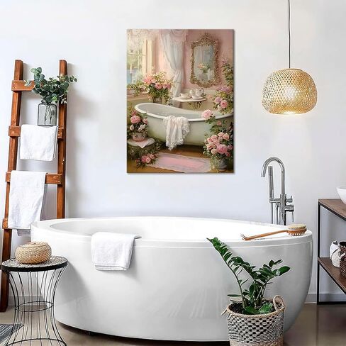 Pink Flowers Bathroom Canvas Wall Art Floral Botanical Painting Picture Wall Decor Vintage Bathtub With Farmhouse Floral Poster Print Artwork for Bathroom Restroom Home Decoration((12x16 in Canvas) in Saudi Arabia
