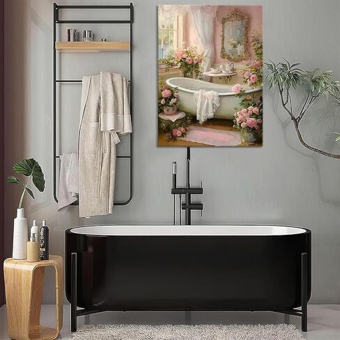 Pink Flowers Bathroom Canvas Wall Art Floral Botanical Painting Picture Wall Decor Vintage Bathtub With Farmhouse Floral Poster Print Artwork for Bathroom Restroom Home Decoration((12x16 in Canvas) in Saudi Arabia