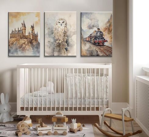 3Pcs Magic Nursery Wall Art Express Train Snowy Owl Magic Castle Painting Wall Decor Magic Canvas Neutral Watercolor Poster Print Artwork for Kid Baby Nursery Home Decoration 12X16in Framed in Saudi Arabia