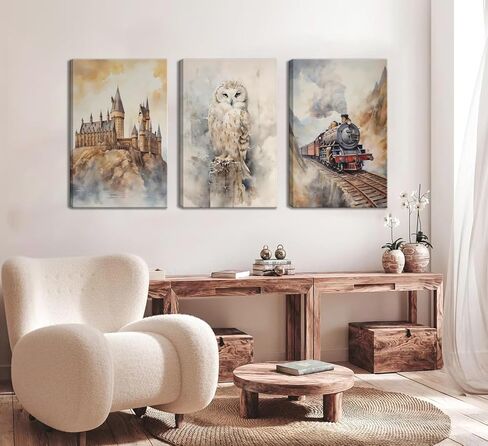 3Pcs Magic Nursery Wall Art Express Train Snowy Owl Magic Castle Painting Wall Decor Magic Canvas Neutral Watercolor Poster Print Artwork for Kid Baby Nursery Home Decoration 12X16in Framed in Saudi Arabia
