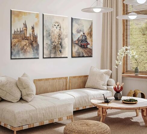 3Pcs Magic Nursery Wall Art Express Train Snowy Owl Magic Castle Painting Wall Decor Magic Canvas Neutral Watercolor Poster Print Artwork for Kid Baby Nursery Home Decoration 12X16in Framed in Saudi Arabia