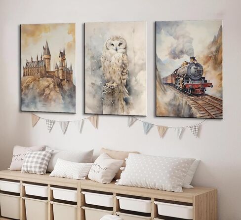 3Pcs Magic Nursery Wall Art Express Train Snowy Owl Magic Castle Painting Wall Decor Magic Canvas Neutral Watercolor Poster Print Artwork for Kid Baby Nursery Home Decoration 12X16in Framed in Saudi Arabia