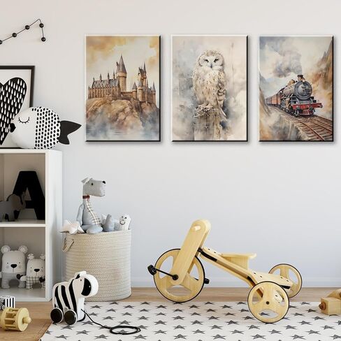 3Pcs Magic Nursery Wall Art Express Train Snowy Owl Magic Castle Painting Wall Decor Magic Canvas Neutral Watercolor Poster Print Artwork for Kid Baby Nursery Home Decoration 12X16in Framed in Saudi Arabia