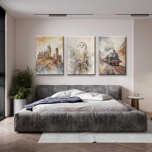 3Pcs Magic Nursery Wall Art Express Train Snowy Owl Magic Castle Painting Wall Decor Magic Canvas Neutral Watercolor Poster Print Artwork for Kid Baby Nursery Home Decoration 12X16in Framed in Saudi Arabia