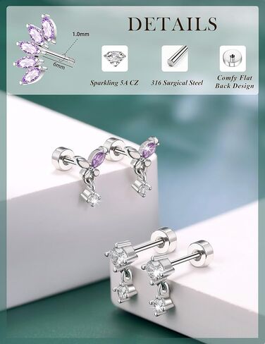 الغضروف محارة اللولب الزنمة ثقب المجوهرات الجراحية الفولاذ المقاوم للصدأ طقم من الحلقان أقراط مسطحة الظهر للنساء هيبوالرجينيك in Kuwait