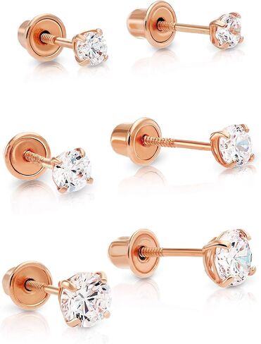 14k Gold Solitaire Round Cubic Zirconia Small Stacking Studs 3 Pair Earring Set (2.5mm 3mm, 4mm) in Saudi Arabia