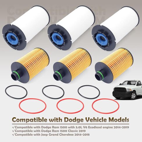 3 Pairs 68235275AA Fuel Filter and 68229402AA Oil Filters Compatible with Dodge Ram 1500 2014-2019 3.0L V6 EcoDiesel Parts Replace 68109834AA WF10245 CS11997 WL10060 CH11794 in Kuwait