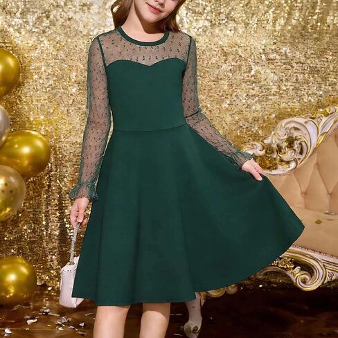 Girls Long Sleeve Tulle Dress Round Neck Heart Polka Dot Mesh Midi Fit Flare A Line Dress School Holiday Party in Saudi Arabia