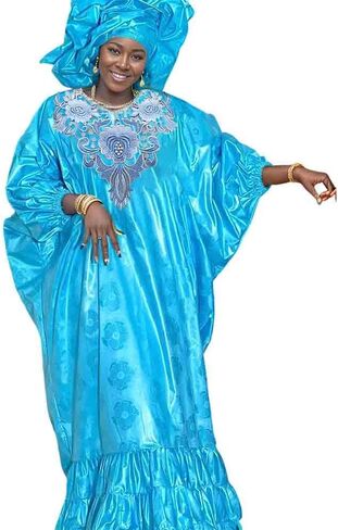 Generic Bazin Dress Blue for Women African Traditional Wedding for Girl Riche Long Dresses Dashiki Robe Clothing Ankara Blouse and Skirt Clothes Long Dress in Saudi Arabia