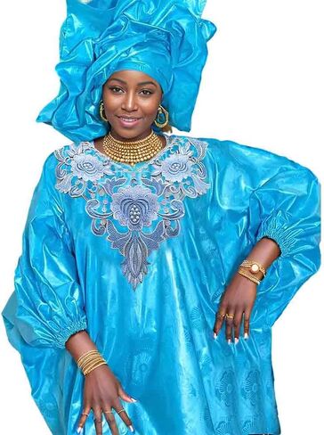 Generic Bazin Dress Blue for Women African Traditional Wedding for Girl Riche Long Dresses Dashiki Robe Clothing Ankara Blouse and Skirt Clothes Long Dress in Saudi Arabia