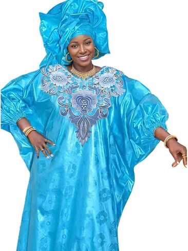 Generic Bazin Dress Blue for Women African Traditional Wedding for Girl Riche Long Dresses Dashiki Robe Clothing Ankara Blouse and Skirt Clothes Long Dress in Saudi Arabia