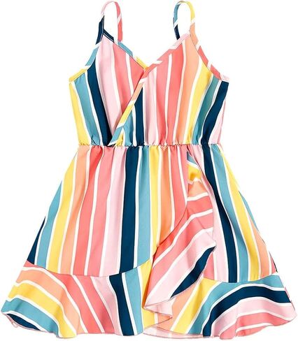 Toddler Girl's Colorful Striped Sleeveless Wrap Ruffle High Waist Cami Dress in Saudi Arabia