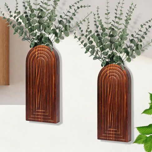2 Pack Wood Wall Planter Vase Set with Artificial Eucalyptus,Wooden Wall Vase Modern Hanging Planters Boho Wall Mounted Indoor Planter Stand Holder for Living Room,Bedroom,Entryway, Hallway Decor in Kuwait