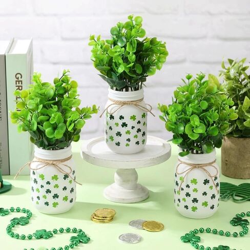 3 قطع ديكورات طاولة عيد القديس باتريك، برطمان شامروك ميسون مع مزهريات صغيرة من الأوكالبتوس الاصطناعي، قطع مركزية للنباتات الأيرلندية في يوم القديس باتريك، مدفأة المطبخ، ديكور الطاولة in Kuwait