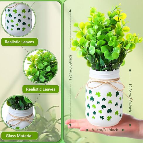 3 قطع ديكورات طاولة عيد القديس باتريك، برطمان شامروك ميسون مع مزهريات صغيرة من الأوكالبتوس الاصطناعي، قطع مركزية للنباتات الأيرلندية في يوم القديس باتريك، مدفأة المطبخ، ديكور الطاولة in Kuwait