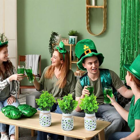 3 قطع ديكورات طاولة عيد القديس باتريك، برطمان شامروك ميسون مع مزهريات صغيرة من الأوكالبتوس الاصطناعي، قطع مركزية للنباتات الأيرلندية في يوم القديس باتريك، مدفأة المطبخ، ديكور الطاولة in Kuwait