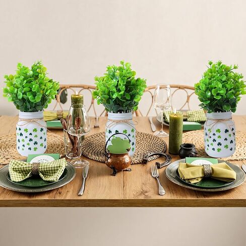 3 قطع ديكورات طاولة عيد القديس باتريك، برطمان شامروك ميسون مع مزهريات صغيرة من الأوكالبتوس الاصطناعي، قطع مركزية للنباتات الأيرلندية في يوم القديس باتريك، مدفأة المطبخ، ديكور الطاولة in Kuwait