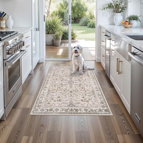 3x4 Entryway Rug Washable Non-Slip–Boho Floral Stain-Resistant Small Area Rug for Kitchen Bedroom Bathroom – Soft Low-Pile Thin Indoor Door Mat (Beige,3x4) in Saudi Arabia