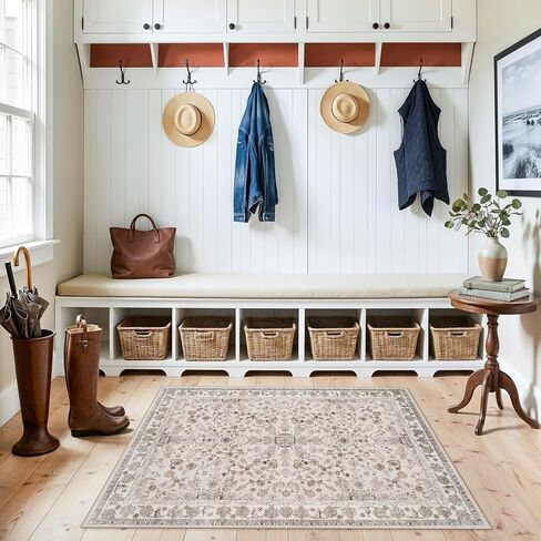 3x4 Entryway Rug Washable Non-Slip–Boho Floral Stain-Resistant Small Area Rug for Kitchen Bedroom Bathroom – Soft Low-Pile Thin Indoor Door Mat (Beige,3x4) in Saudi Arabia