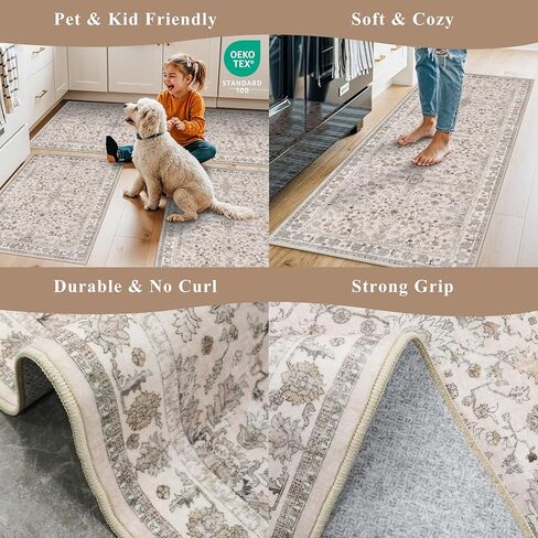 3x4 Entryway Rug Washable Non-Slip–Boho Floral Stain-Resistant Small Area Rug for Kitchen Bedroom Bathroom – Soft Low-Pile Thin Indoor Door Mat (Beige,3x4) in Saudi Arabia
