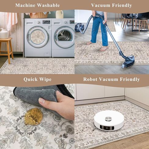3x4 Entryway Rug Washable Non-Slip–Boho Floral Stain-Resistant Small Area Rug for Kitchen Bedroom Bathroom – Soft Low-Pile Thin Indoor Door Mat (Beige,3x4) in Saudi Arabia
