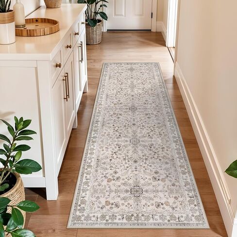 سجادة مدخل 3 × 4 قابلة للغسل وغير قابلة للانزلاق - سجادة منطقة صغيرة مقاومة للبقع بزهور بوهو للمطبخ وغرفة النوم والحمام - سجادة باب داخلية رقيقة ناعمة منخفضة الوبر (بيج، 3 × 4) in Kuwait